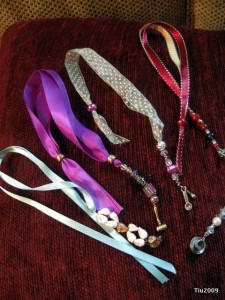 Ribbon and bead book thongs or bookmarks