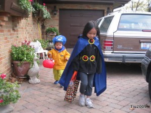 Visiting neighbors on Halloween