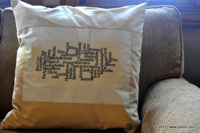 DIY Keepsake Pillow: Back Panel Word Cloud text on a pillow via Iron-On Transfer