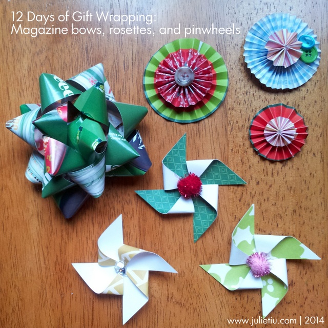 Gift wrapping paper scraps, papercrafting scraps, and magazines are great resources for making your own gift toppers!